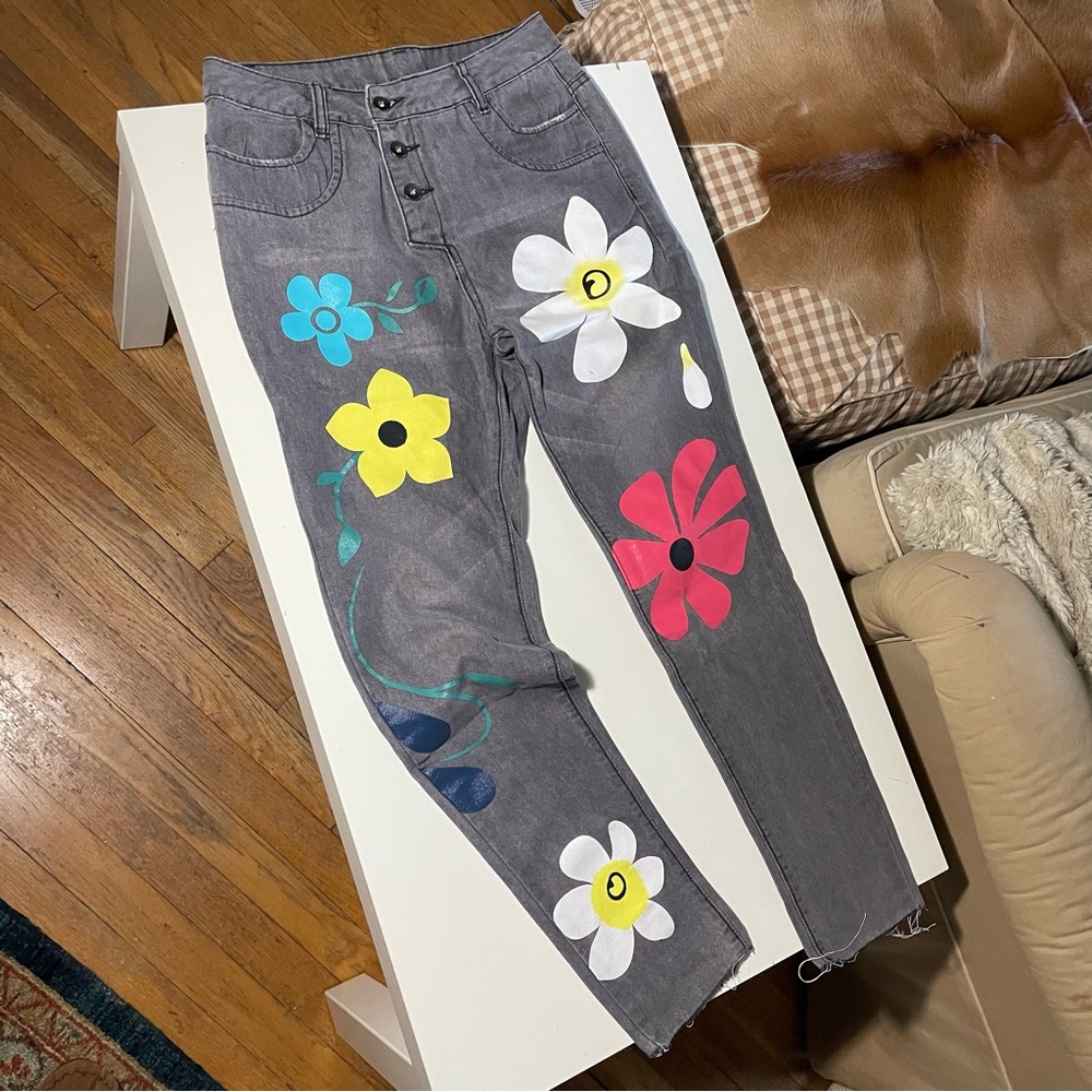 Grey Flower Print Jeans